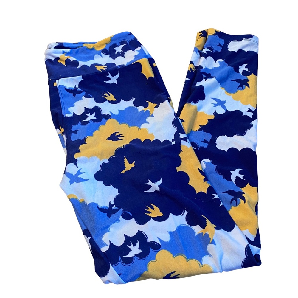 LuLaRoe Blue and Yellow Cloud Bird Leggings